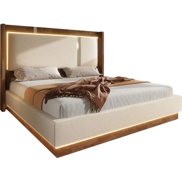 140x190 Doppelbett Polsterbett mit Lattenrost, LED & Bettkasten, Hydraulik, Leinen Beige & Walnuss, ohne Matratze – Bild 7