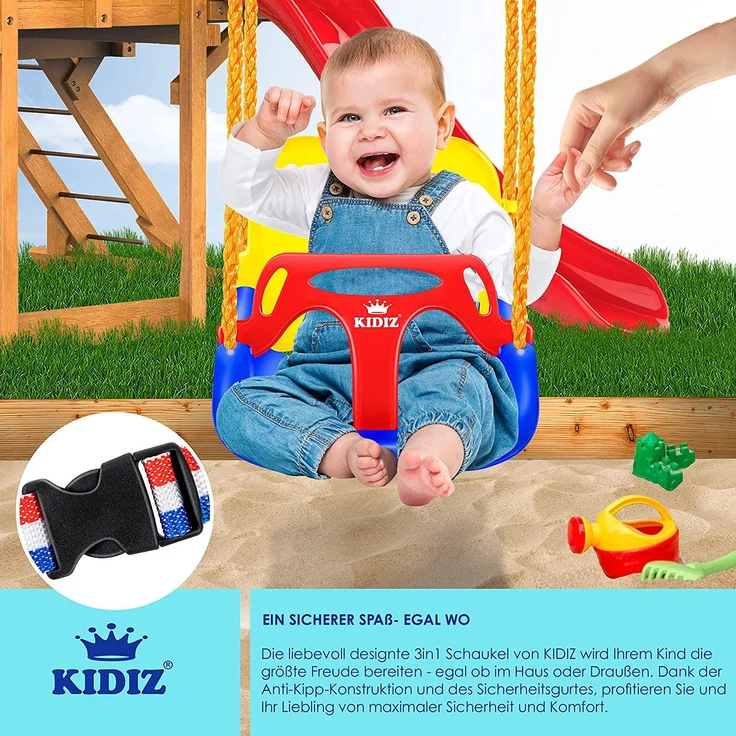 KIDIZ® Babyschaukel Kinderschaukel 3 in 1 Babysitz verstellbar Mitwachsend Schaukelsitz Gartenschaukel für Baby Kinder mit Rückenlehne und Anschnallgurt belastbar bis 100kg Indoor Outdoor Gelb – Bild 3