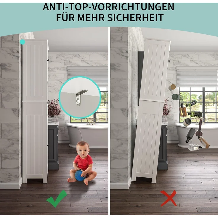 Bealife Hochschrank Badezimmer, Badschrank mit verstellbaren Regalen, Badezimmerschrank mit offenem Fach, Schublade und Türen für Badezimmer, Wohnzimmer, Schlafzimmer (Weiß) – Bild 7