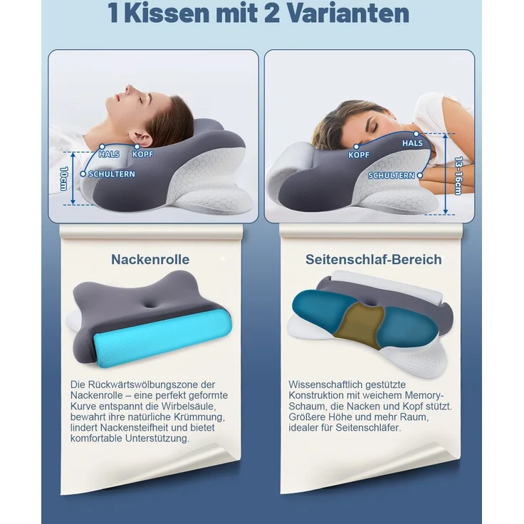 Nackenstš¹tzkissen Kopfkissen, 2 in 1 Kissen mit Nackenrolle, Ergonomisches Memory Foam Kissenbezug besteht aus 18% Elasthan und 82% Nylon – Bild 6