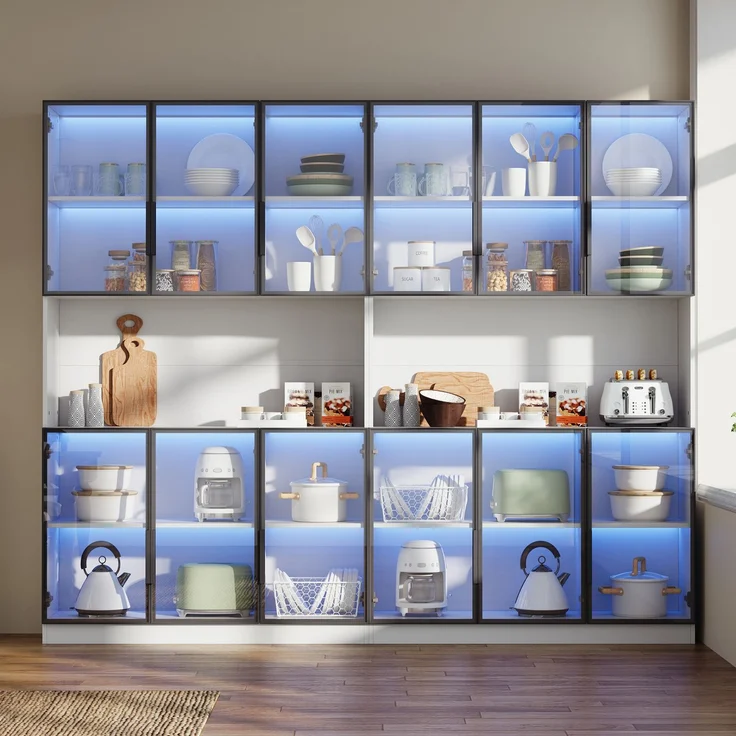 Vitrine 240x34x200 cm in Weiß mit Glastüren und App-gesteuerter LED-Beleuchtung – Bild 1