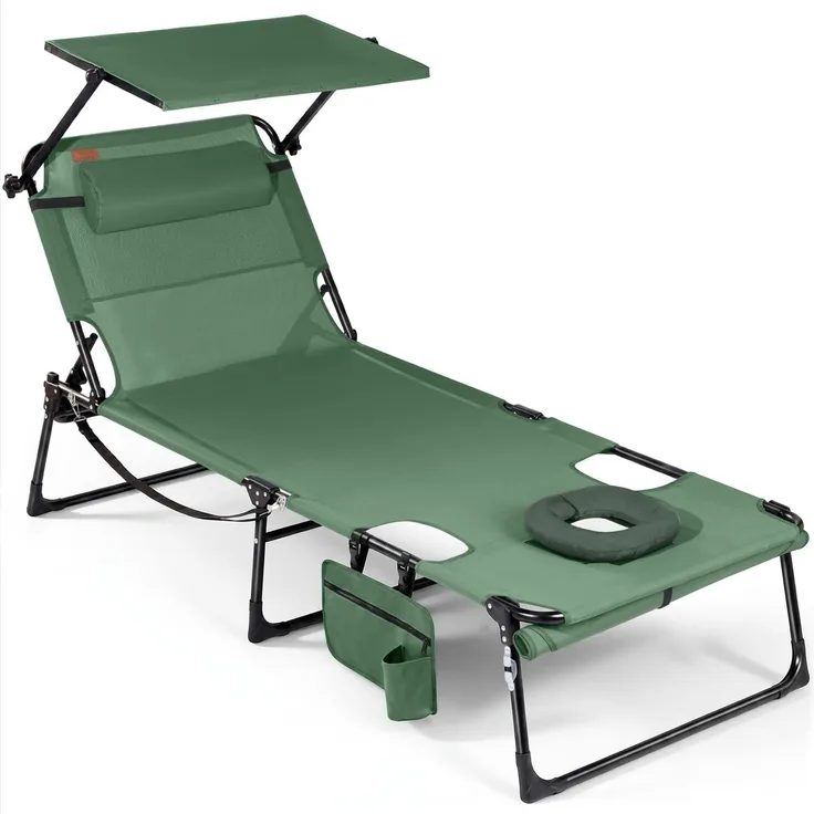 Homecall XXL Sonnenliege mit Gesichtsöffnung & Sonnendach, 200x70 cm Gartenliege für Bequeme Bauchlage, klappbarer Liegestuhl mit 4-Fach Verstellbarer Rückenlehne, bis 180 kg (2, Grün)