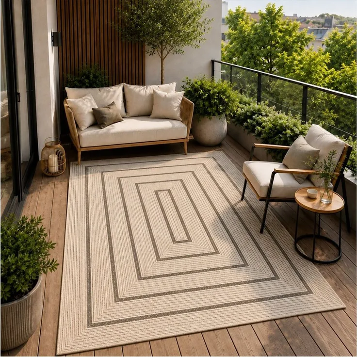 Vimoda Outdoorteppich Ventura, wetterfest robust kurzflor teppich Balkon Terrasse Küche, Rechteckig, Höhe: 5 mm, In- & Outdoor geometrisches Design Teppich waschbar in Grün Beige Grau
