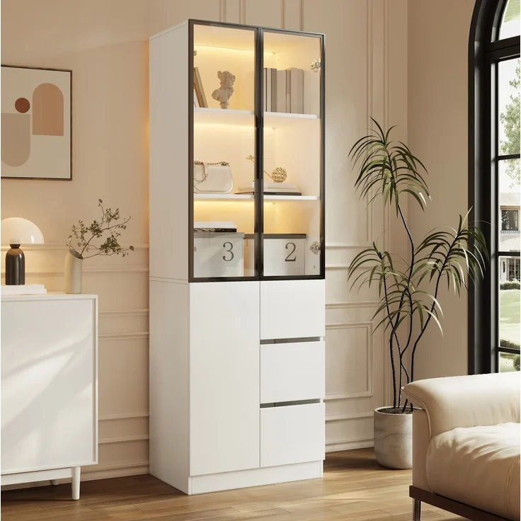 DESVIAE Regal Vitrine Weiß aus PB – 60x180x40 cm – Glastüren, LED-Beleuchtung – Bild 2
