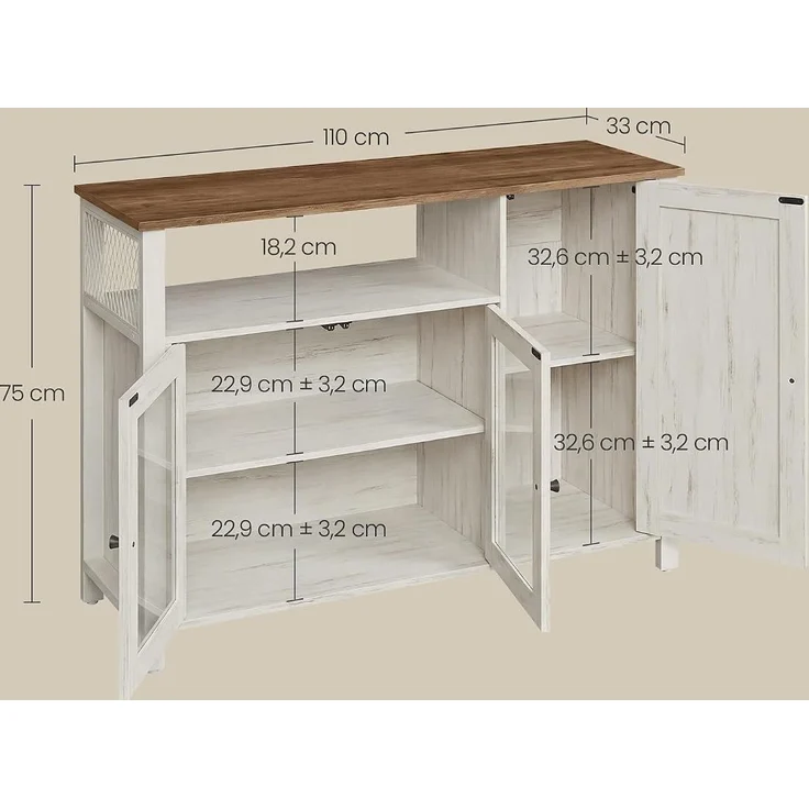 VASAGLE Küchenschrank, 33 x 110 x 75 cm, Aufbewahrungsschrank im Landhausstil, für Esszimmer oder Küche, braun-weiß – Bild 3