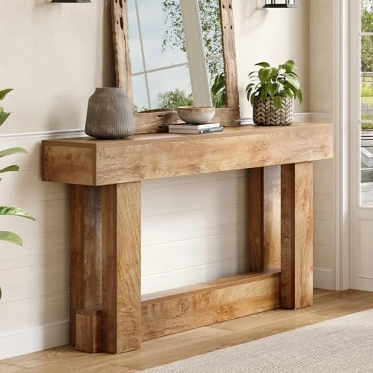 LITTLE TREE 63-Zoll-Konsolentisch im Landhausstil, 2-stufiger Sofatisch aus Holz für hinter die Couch, schmaler, Langer Eingangstisch für Wohnzimmer, Eingangsbereich, Flur (Natur) – Bild 6