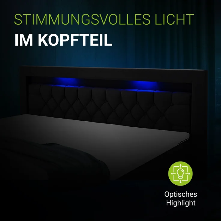 Juskys 'Leona' Boxspringbett mit LED Beleuchtung, Topper & Matratze, H4, Samt schwarz, 140x200 cm – Bild 1
