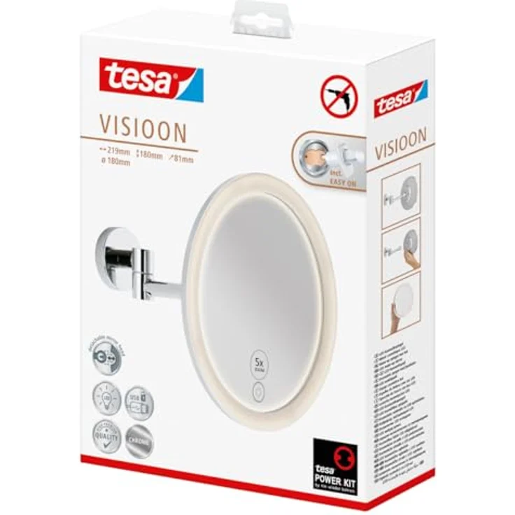 tesa Schminkspiegel Visioon Kosmetikspiegel mit Beleuchtung, Montage ohne Bohren, Chrom (Komplett-Set, 1-St, Make-Up-Spiegel mit Schwenkarm, USB-C-Ladekabel, Power. Kit Klebelösung), Wandspiegel mit dimmbaren LEDs, 5-fach Vergrößerung, Touch-Bedienung – Bild 3