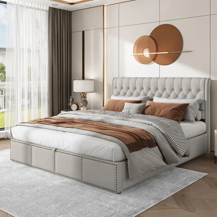 Stauraumbett Doppelbett mit Lattenrost und Bettkasten, 180x200 cm, gepolsterter Kopfteil, Leinen – Bild 3