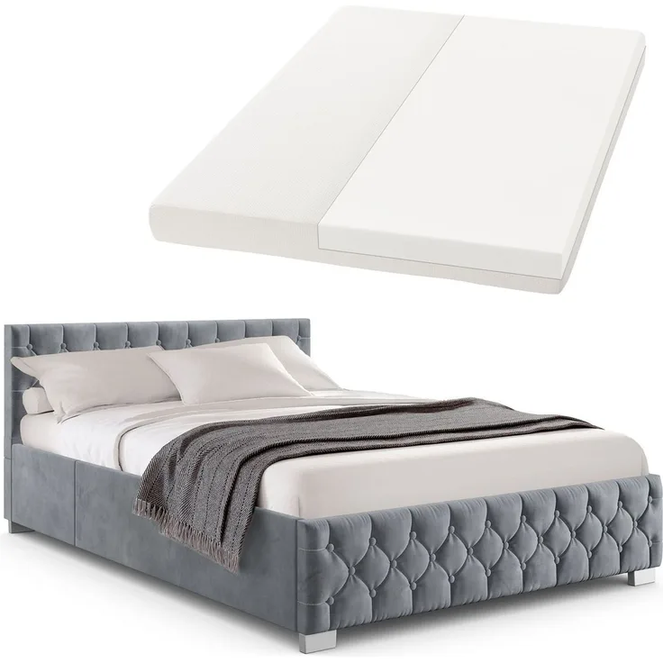 Juskys 'Nizza' Polsterbett mit Lattenrost, Bettkasten & LED Beleuchtung, Chesterfield-Steppung, Samtbezug, Grau, 180x200 cm, mit Matratze
