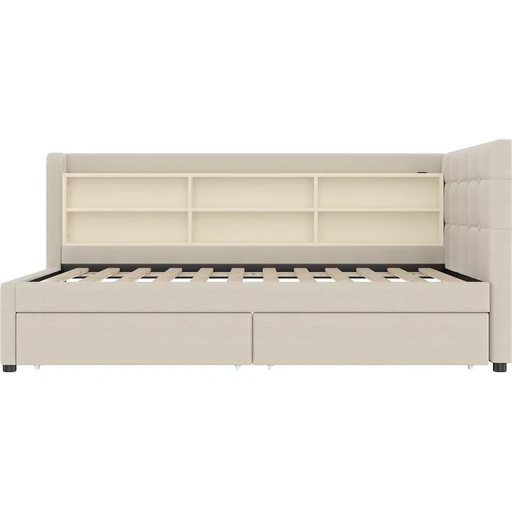 Stauraumbett mit Schubladen, Lattenrost, Regal, USB und Type-C Anschluss, 90x200 cm, Einzelbett, Polsterbett, Leinen – Bild 6