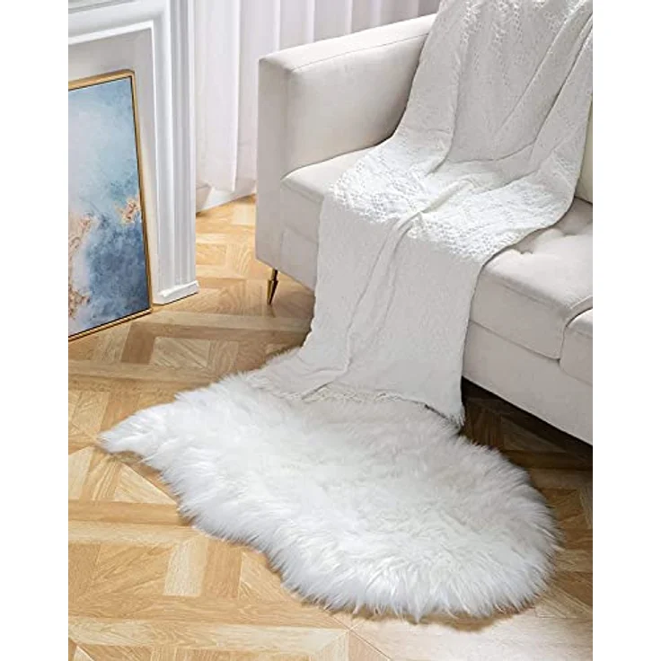 HEQUN Faux Lammfell Schaffell Teppich Kunstfell Dekofell Lammfellimitat Teppich Longhair Fell Nachahmung Wolle Bettvorleger Sofa Matte (50x80 cm, Weiß) – Bild 5
