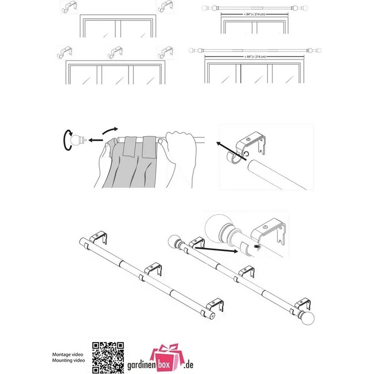Gardinenbox Gardinenstange, Ø 25 mm, 1-läufig, ausziehbar, mit Bohren, geklemmt, Metall, Ausziehbare Gardinenstange »Köln« 91-182 cm Ø22/25 mm Komplettset zum – Bild 3