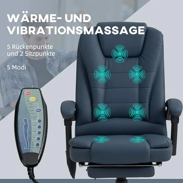 Vinsetto Bürostuhl, Drehstuhl mit 7-Punkt-Massagefunktion, verstellbarer Rückenlehne und einklappbarer Fußstütze, Blau, Kunstleder, 79x121x67 cm – Bild 4