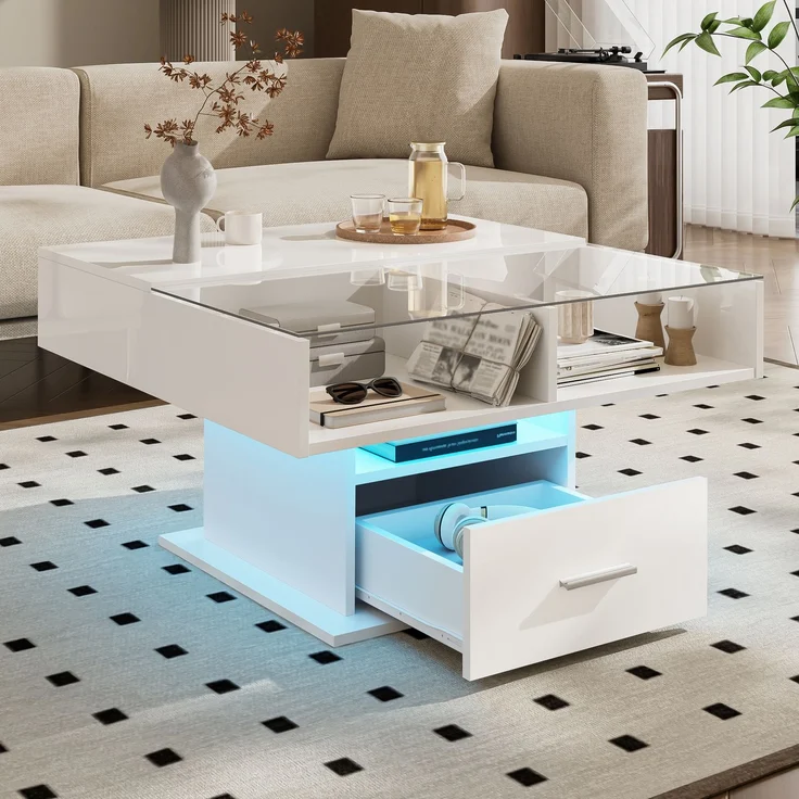 Lift-Couchtisch Weiß Hochglanz 78x78 cm höhenverstellbarer Tisch mit LED-Beleuchtung, Schublade und Ablagefach – Bild 5