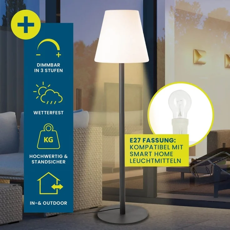 Hoberg XXL-Stehlampe für In- & Outdoor | 1,87 M große Lampe mit 3 einstellbaren Lichtintensitäten | Stimmungsvolle Standleuchte im zeitlos-modernen Design | IP-44 Wasser geschützt [schwarz, weiß] – Bild 2