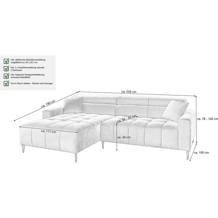 Massivart® Ecksofa SIMPLE Cord beige / 256 cm / Cordsofa, Sitztiefenverstellung / Kopfteilverstellung / Nosagfederung – Bild 2