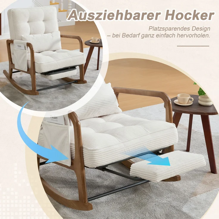 LVHOM Schaukelstuhl mit ausziehbarer Fußstütze, Relaxsessel mit verstellbare Rückenlehne, Loungesessel mit Seitentasche, bis 150 kg belastbar, Beige – Bild 3