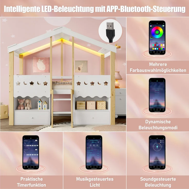 Kinderbett 90x200 cm Hausform Weiß + Natur, Hochbett für Kinderzimmer mit LED-Beleuchtung, 2 Schubladen, Stauraum, Leiter – Bild 5