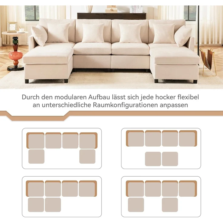 Ball & Cast U-förmiges Eckcouch mit Schlaffunktion, 4-Sitzer Sofa mit 2 Fußhocker für das Wohnzimmer Wohnung Villa, 278 x 81 x 161 (BxHxT), Beige – Bild 6