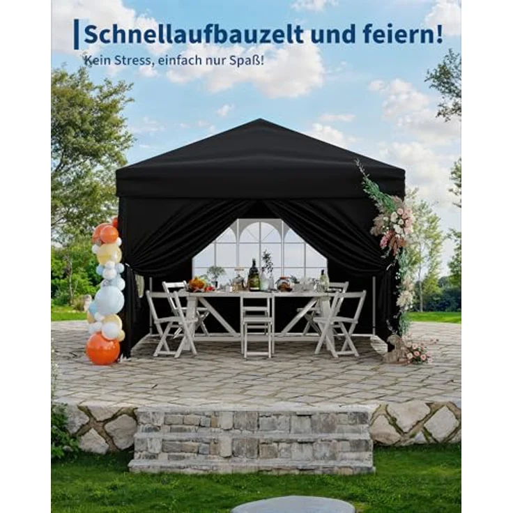 Faltpavillon 3x3 m wasserdicht stabil mit 4 Seitenwänden – Pop up Pavillon faltbar aus 420D Oxford, UV-Schutz 50+, 3-Fach höhenverstellbar, Partyzelt mit Tragetasche für Garten & Outdoor Schwarz – Bild 5