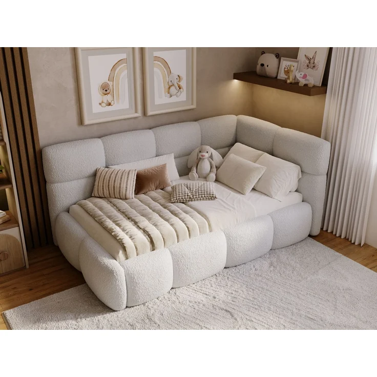 GRAINGOLD Modo One Jugendbett 90x200, Einzelbett mit Bettkasten, mit Lattenrost, Bouclé-Stoff, Links, Grau – Bild 4