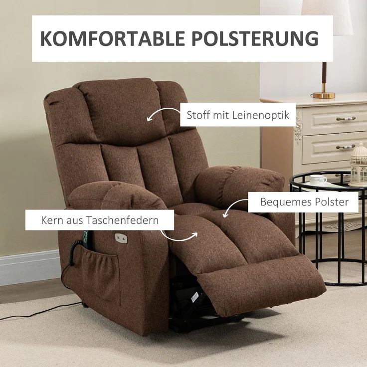 HOMCOM Fernsehsessel mit Aufstehhilfe, Polyester, Stahl, Braun, 92L x 95B x 107H cm – Bild 6