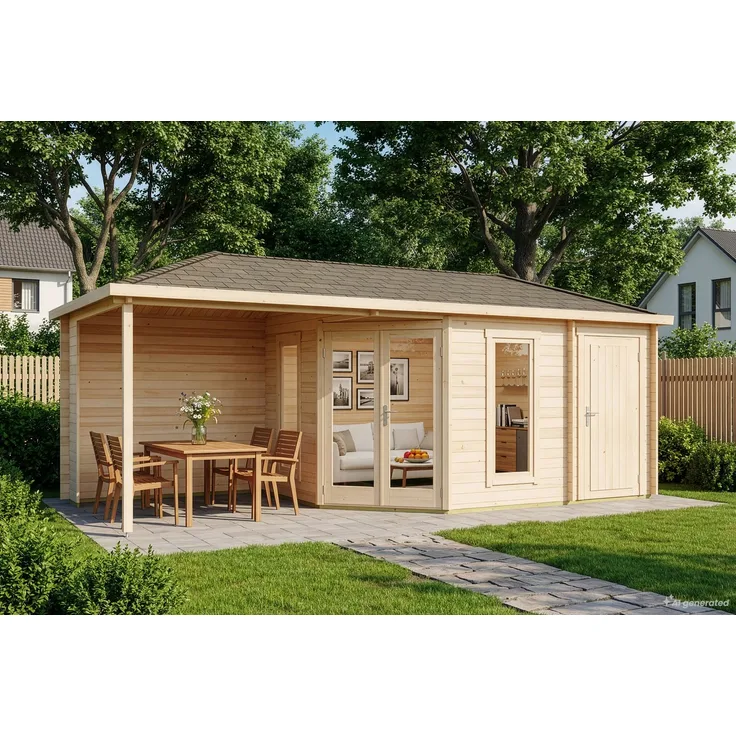Alpholz 5-Eck Gartenhaus Liwa mit Anbau Gartenhaus aus Holz Holzhaus mit 28 mm Wandstärke inklusive Terrasse Blockbohlenhaus mit Montagematerial