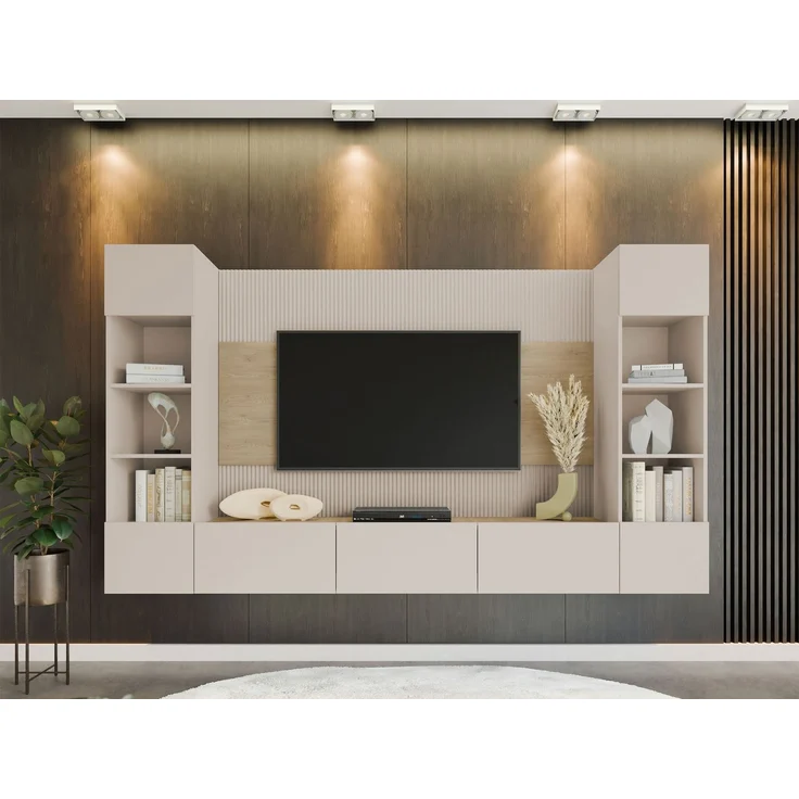 Wohnwand Deromi I, Griffloses Öffnungssystem (Farbe: Sandbeige + Eiche Cremona) – Bild 2