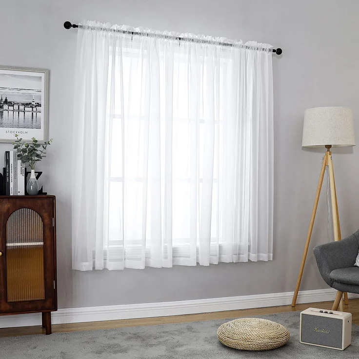 Chyhomenyc Weiße durchsichtige Vorhänge, 137 cm lang, 2 Paneele, Kurze Voile-Vorhänge für Esszimmer, kleine Fenster, Badezimmer, Wohnzimmer, Schlafzimmer, jeweils 106x137 cm (B x L), 2 Stück, Weiß