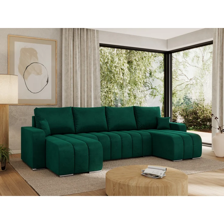 U-förmiges Ecksofa mit Schlaffunktion und Bettkasten, Couch U-form - KIRASSO U - DunkelGrün Velours – Bild 1
