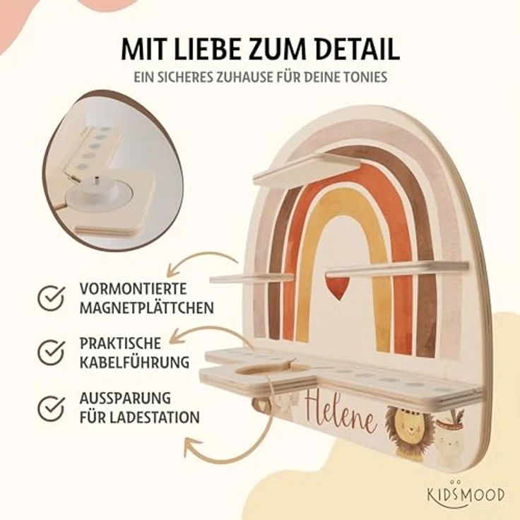 KIDSMOOD - Personalisiertes Tonie Regal für Kinderzimmer | Regenbogen Wand-Regal mit genügend Platz für Tonie-Hör-Figuren, Aussparung für Tonie-Musikbox & Kabelmanagement, Tonie Regal Mädchen & Jungen – Bild 5