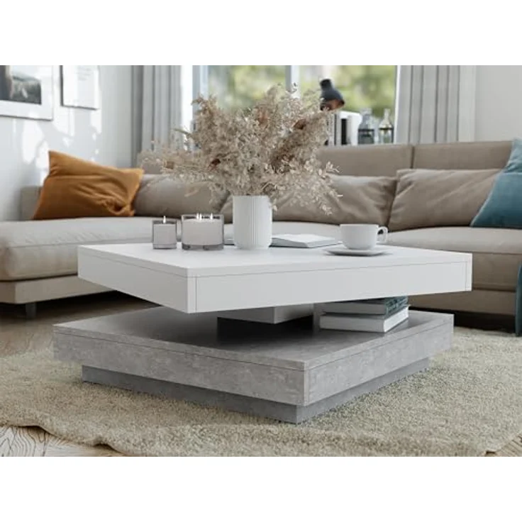 Mirjan24 Couchtisch, Quadratisch, Weiß & Hellgrau, Holzwerkstoff, 70x34x70 cm, drehbare Tischplatte, Wohnzimmertisch – Bild 2