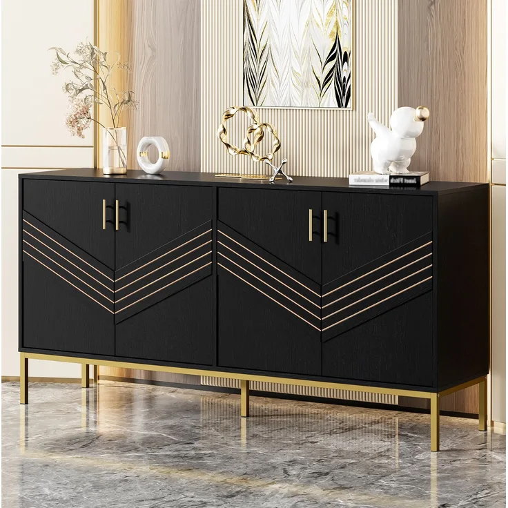 DESVIAE Sideboard mit 4 Türen und verstellbaren Einlegeböden 160x80,5x40 cm MDF Schwarz Holzoptik