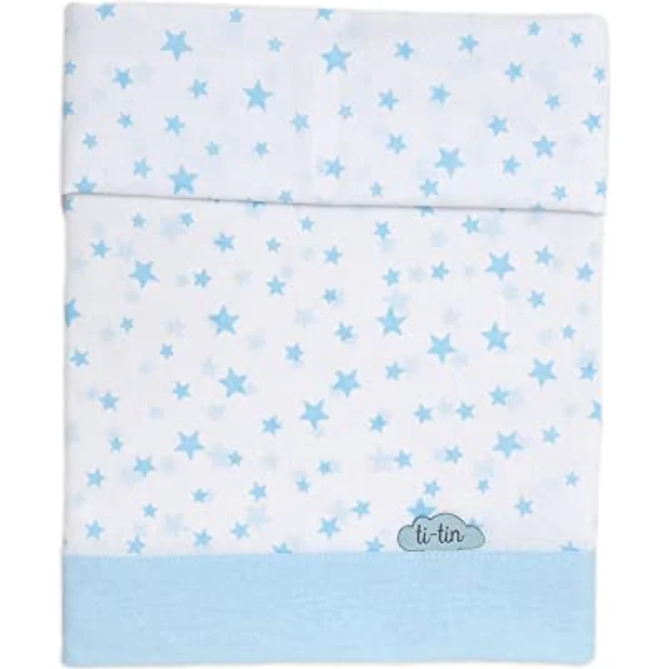 Ti TIN 3-teiliges Bett-Set Bettbezug für Babybett, 50x80 cm | Bettdeckenbezug+ Spannbettlaken mit Gummizug + Kissenbezug 100% Baumwoll-Popeline für Kinderbett, Sternchen-Motiv, blau – Bild 2