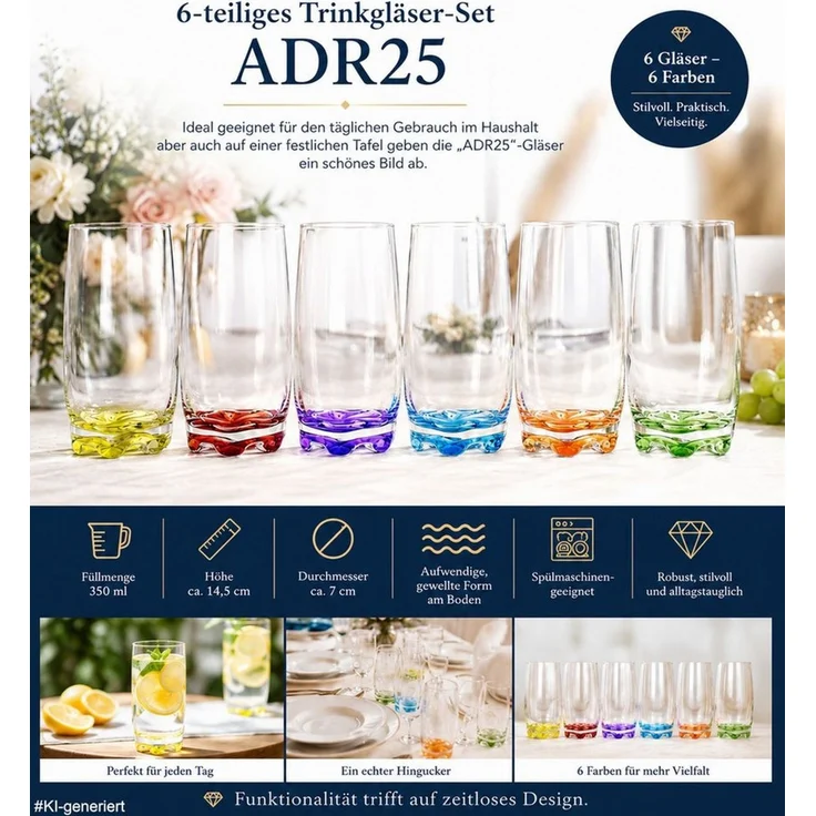 LAV Gläser-Set 6x Trinkgläser / Saftgläser / Wassergläser / Longdrinkgläser, 6-tlg, Füllmenge 350ml / 6 verschiedene Farben – Bild 1