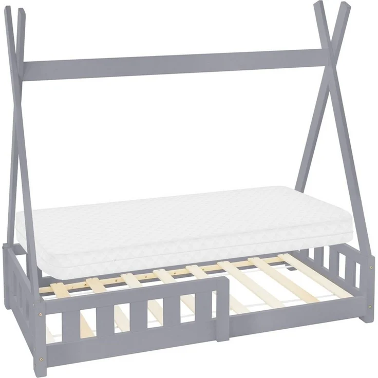 ML-DESIGN Spielbett Hausbett Tipi Zeltbett inkl. Lattenrost Bodenbett Kinder Himmelbett, Abenteuerbett mit Rausfallschutz Zelt Bett Kiefer Grau Kinderhaus – Bild 1