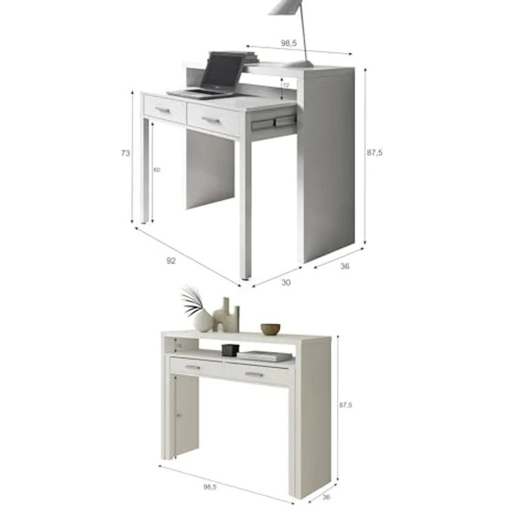 Dmora - Billings Schreibtisch, Möbel für Arbeitszimmer Büro, Schreibtisch mit ausziehbarer Platte, PC-Schreibtisch mit 2 Schubladen, 99 x 36 x 88 cm, Weiß – Bild 2