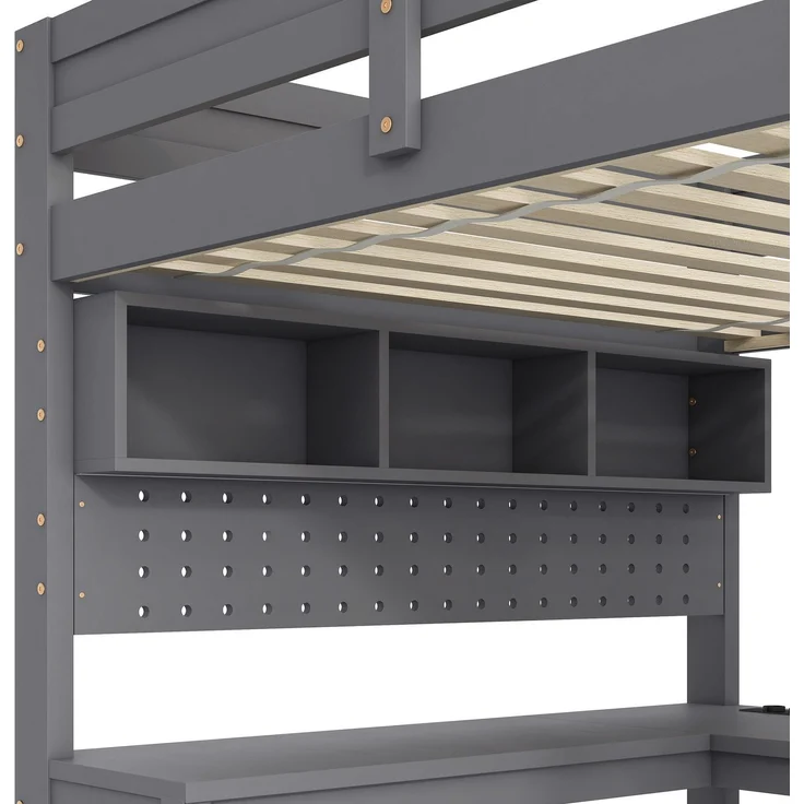 Hochbett mit RGB LED-Streifen und Eckschreibtisch, Trittletier, Regal, Wandgitter, USB und Type-C, 90x200 cm, Kinderbett mit Rausfallschutz, Kiefer – Bild 9