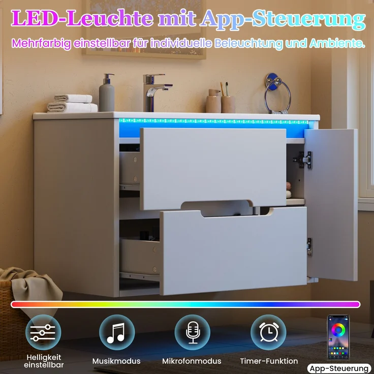 Waschbeckenunterschrank mit Keramikbecken, 81 x 47 x 51 cm, MDF, wandmontiert, mit LED-Beleuchtung – Bild 7