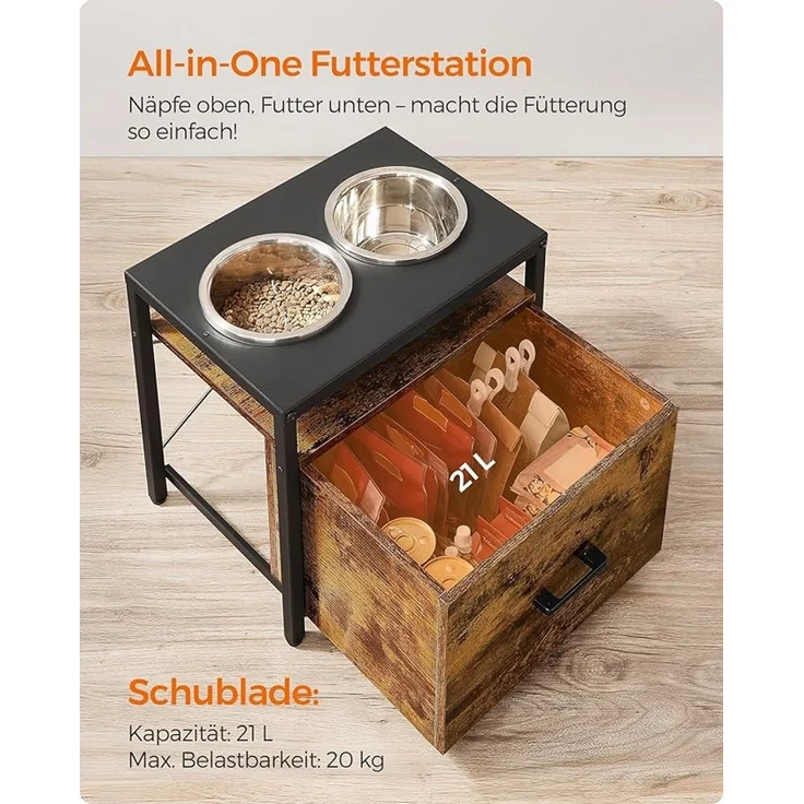 Feandrea Hundenapf erhöht, für große Hunde, Futternapf mit Gestell, erhöhter Fressnapf mit Schublade, Futterstation, 2 Schüsseln, 39 cm hoch, vintagebraun-schwarz – Bild 4