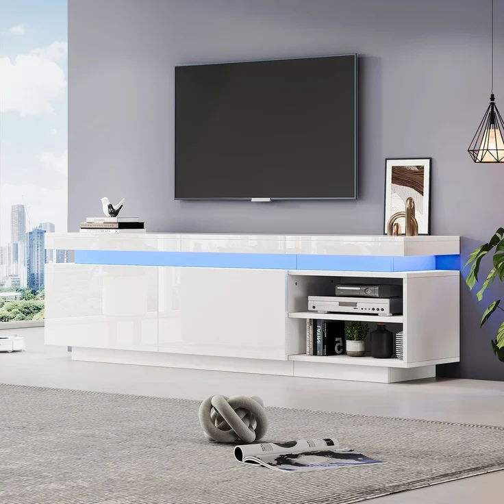 Merax Moderner Lowboard Hochglanz-TV-Schrank mit LED-Beleuchtung, TV-Board, TV-Kommode, geeignet für 75-Zoll-TVs,Tisch, universeller Gaming-Medienständer, Aufbewahrungsschrank und großer Stauraum, weiß – Bild 3