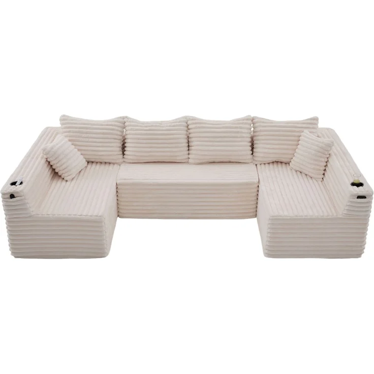 DESVIAE Sofa in U-Form mit Getränkehalter und Seitentasche 320x88x155 cm Cord Beige – Bild 7