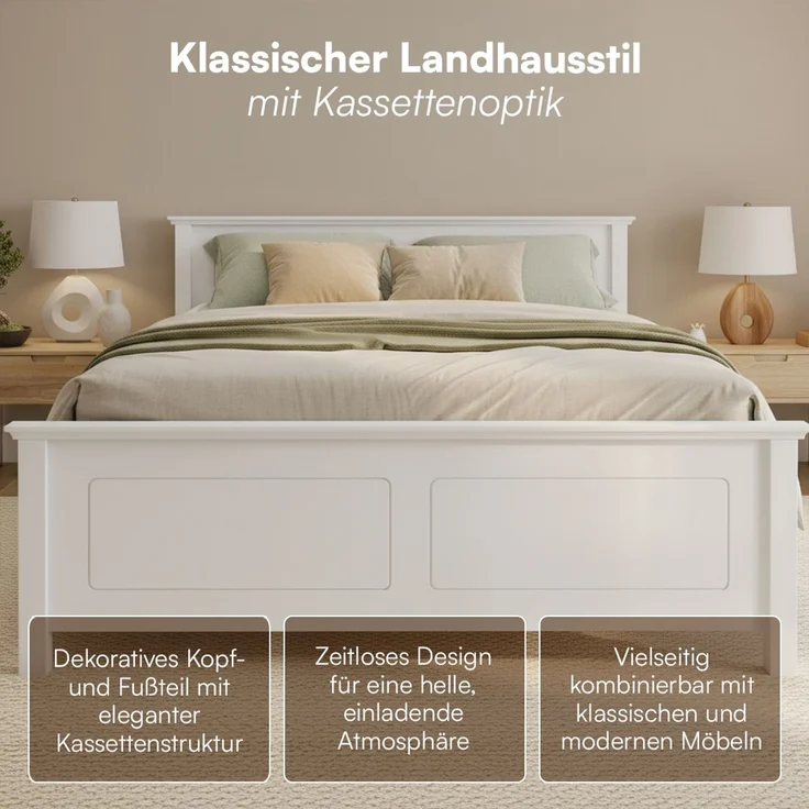 Bellamio 'Medje' Bett 140x200 cm in Kassettenoptik, Kiefer, weiß lackiert, Holzbett im Landhausstil mit Lattenrost, geeignet als Doppelbett – Bild 3