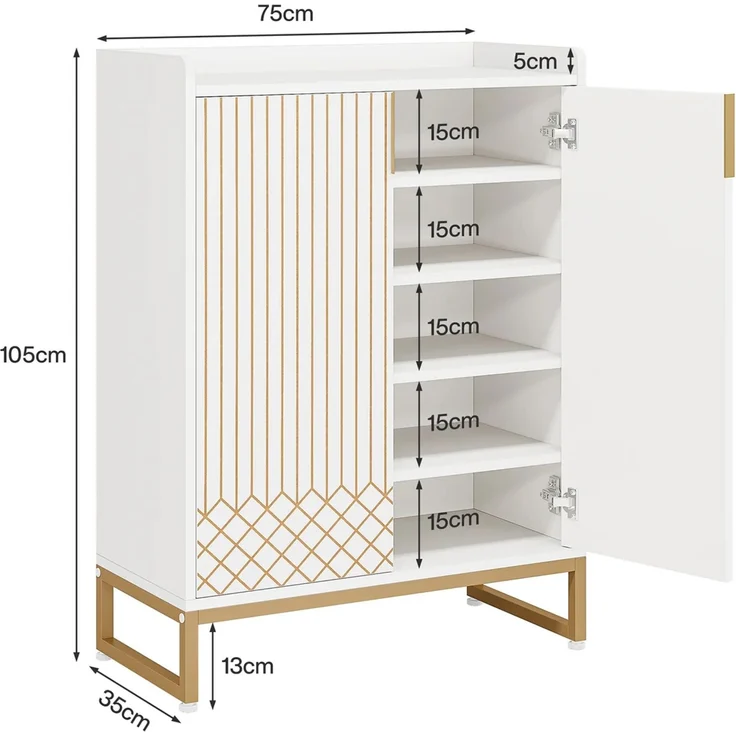 Schickes Design Schränke,5-stöckiger Schuhschrank,Schuhregal-Organizer,Raffinierte Schränke (nur Schränke )--Gold + Weiß--73x35x105cm--YOUDENOVA – Bild 7