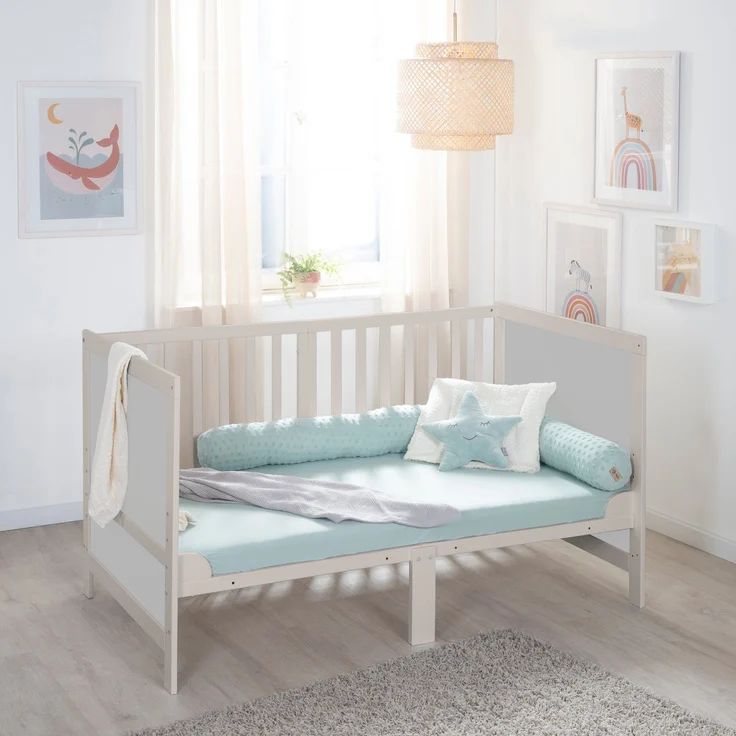 roba Babybett EASY SLEEP 70 x 140 cm inkl. Umbauecken + Matratze safe asleep® Roll Air - Mitwachsendes Gitterbett 3-fach höhenverstellbar - 3 Schlupfsprossen - Hellgrau – Bild 4