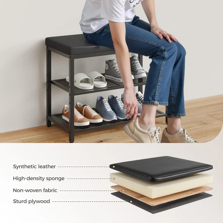 Mondeer Schuhbank mit Gepolsterter Sitzfläche, Schuhregal mit 2 Gitterablagen Höhenverstellbar Platzsparend Industriestil, für Eingang Flur Schlafzimmer, 60 x 30 x 50 cm, Schwarz – Bild 5