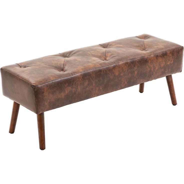 Rayofly-Vintage gepolsterte Bettbank am Fußende, Holzbeine antikisiert, Braun, H 42cm x T 114cm x B 38cm – Bild 2