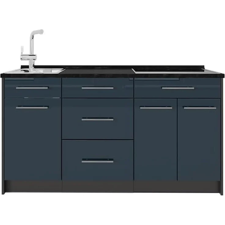 Küchenblock Fame-Line Dunkelblau Hochglanz 150 cm, AP Anthrazit Vicco – Bild 1
