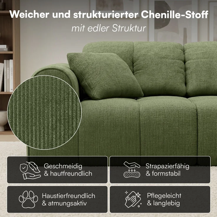skølm 'Vanaheim' Sofa 3 Sitzer mit Hocker & 2 Kissen, Cloud Sofa dunkelgrün, Chenille-Stoff, Vollschaumcouch mit Federkern und Vakuum-Kompression, kein Aufbau erforderlich – Bild 6